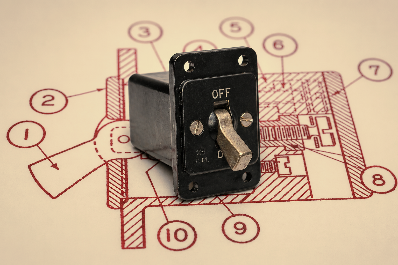 Air Ministry Switch Type B 5C/543 in off position on AP1095A technical drawing An original Air Ministry Switch Type B (5C/543) photographed in the off position, placed on a red-line technical drawing from AP1095A showing the switch mounting details