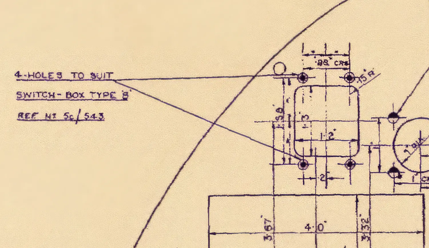 Extract from Spitfire instrument panel Blueprint No. 32934 SHT23 showing the panel cut-out dimensions and four mounting hole positions for the Switch Type B with reference 5C/543